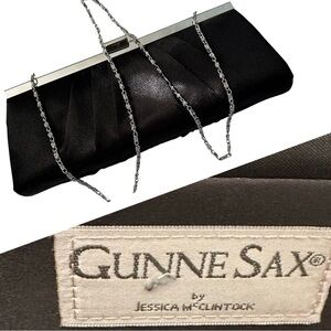 Gunne Sax Satin Clutch Purse Black Silver Chain Shoulder Crossbody 10” x 4.5”